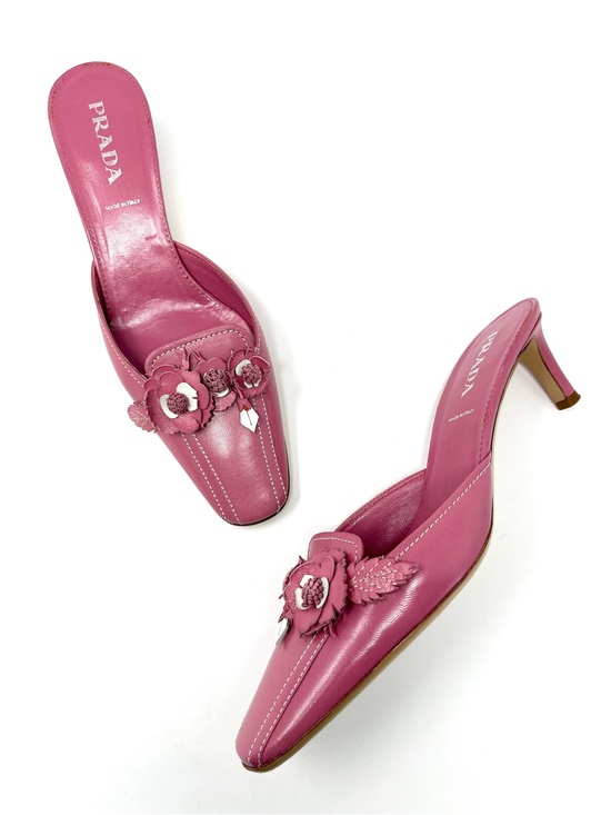 Prada Shoes - Vintage Prada 90s Pink White Leather Flower Bouquet Mules Kitten Heels 36.5 6.5